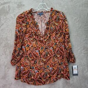 Democracy Tunic Womens Plus 3X Paisley Print Ruffle V Neck 3/4 Sleeve Blouse New